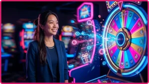 Ảnh minh họa vòng quay slot game hiện đại với giao diện tương tác và hiệu ứng chuyển động ánh sáng