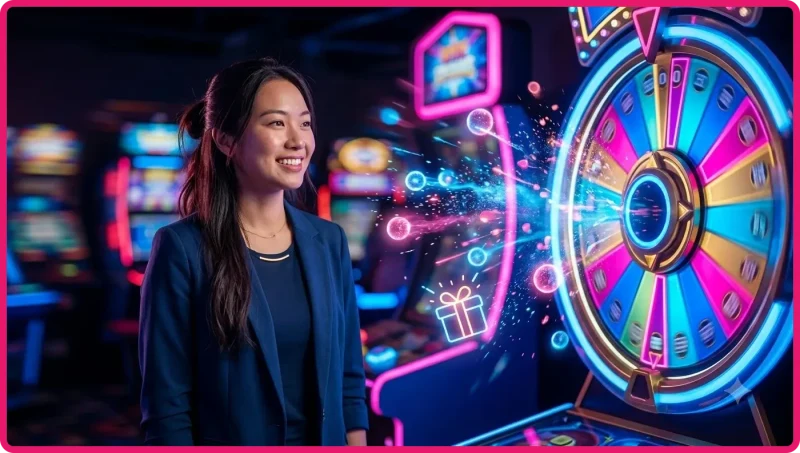 Ảnh minh họa vòng quay slot game hiện đại với giao diện tương tác và hiệu ứng chuyển động ánh sáng