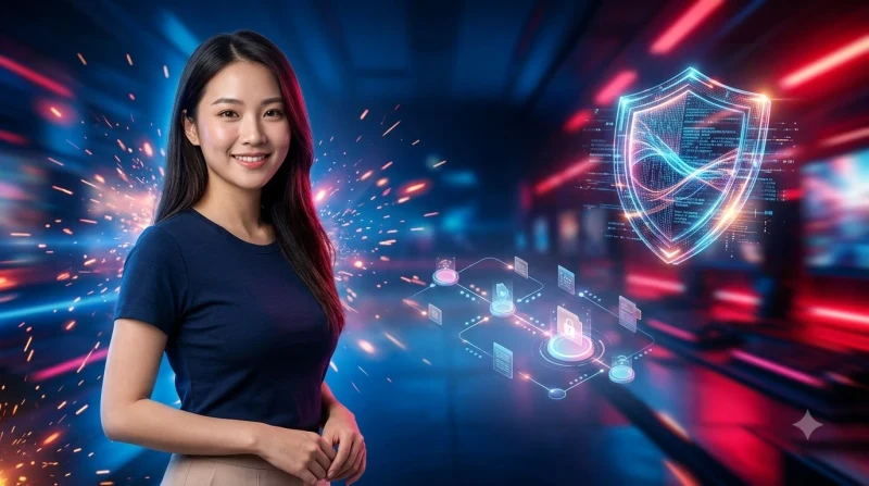 Bàn tay cầm điện thoại với biểu tượng bảo mật và lối đi phía trước
