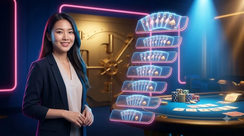 Bảng xếp hạng tay bài poker từ cao đến thấp với các lá bài có viền vàng trên nền tối sang trọng