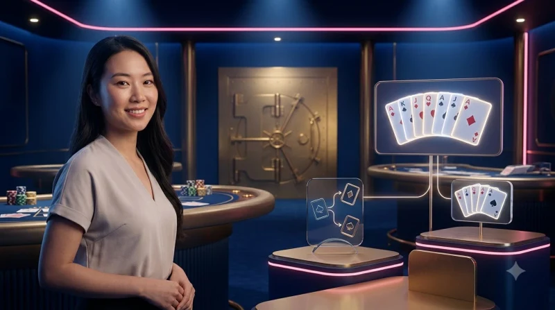 Người chơi cầm bài poker trên bàn casino tại TG88 với ánh sáng xanh và vàng sang trọng