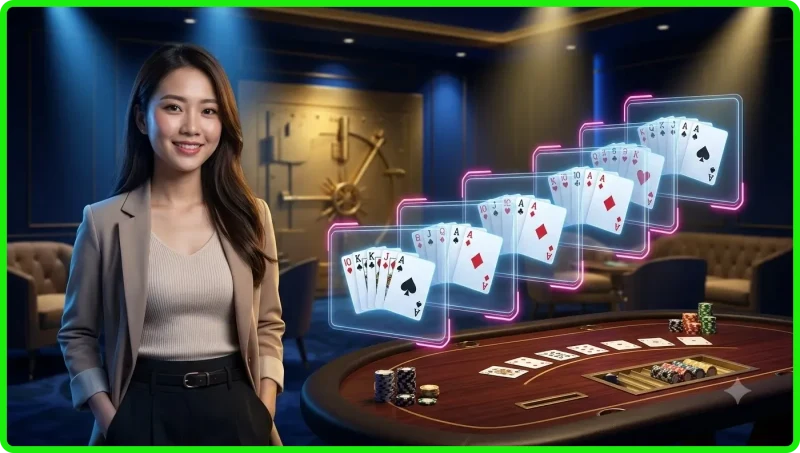 Người chơi cầm bài poker trên bàn casino tại TG88 với ánh sáng xanh và vàng sang trọng