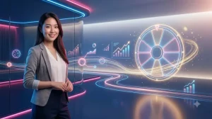 Người chơi nhận vòng quay miễn phí TG88 qua điện thoại với bánh xe spin và biểu tượng giao dịch trực tuyến
