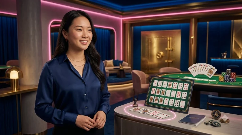 Người chơi poker đang phân vân giữa hai tay bài với ánh sáng đỏ cảnh báo trên nền casino tối