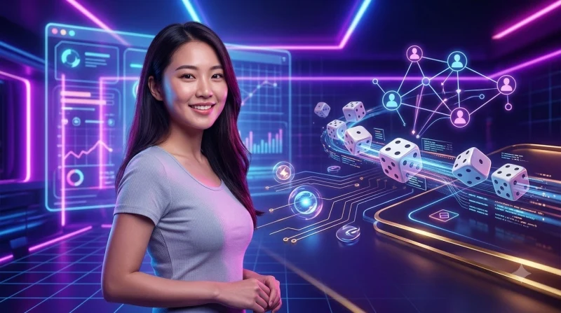 Người chơi Việt hiện đại thư giãn với thiết bị di động và xúc xắc phát sáng xung quanh, thể hiện sức hút của dice party game online