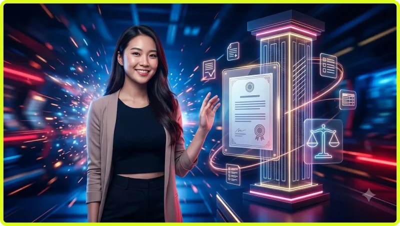 Người dùng đọc kỹ điều khoản dịch vụ trên thiết bị kỹ thuật số với biểu tượng pháp lý và bảo mật