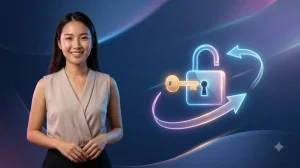 Người dùng đứng trước màn hình đăng nhập với ổ khóa vàng tượng trưng cho việc quên mật khẩu TG88
