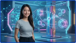 Người phụ nữ đang tìm kiếm kết quả xổ số trên điện thoại tại bàn làm việc