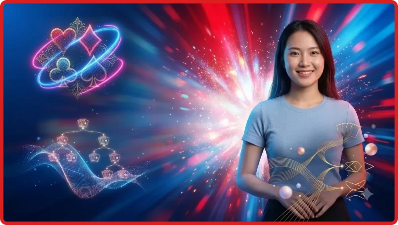 Sổ tay thuật ngữ blackjack với kính lúp và chip vàng trên bàn casino tối màu
